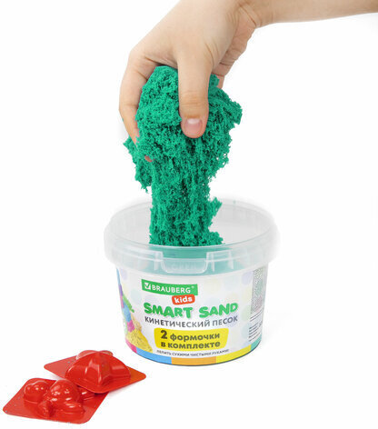 Песок для лепки кинетический BRAUBERG KIDS, изумрудный, 500 г, 2 формочки, ведерко, 665092