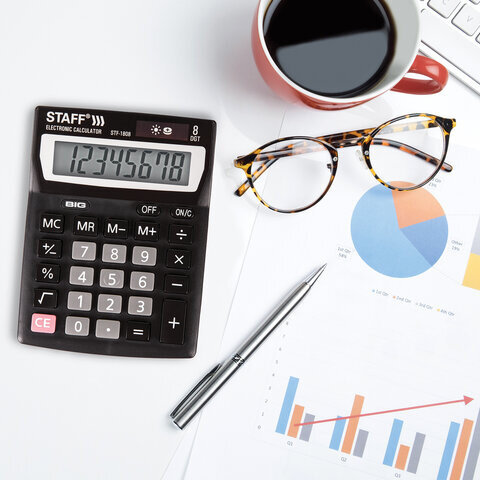 Калькулятор настольный STAFF STF-1808, КОМПАКТНЫЙ (140х105 мм), 8 разрядов, двойное питание, 250133