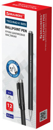 Ручка шариковая масляная BRAUBERG "Techno-X 925", СИНЯЯ, корпус черный, серебристые детали, линия 0,5 мм, 144224