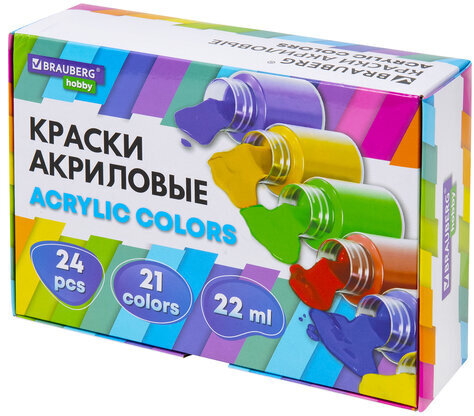 Краски акриловые художественные 24 шт., 21 цвет в банках по 22 мл, BRAUBERG HOBBY, 192412