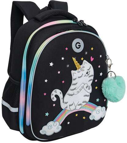 Ранец GRIZZLY анатомическая спинка, c брелоком, для девочек, RAINBOW CAT, 36х28х20 см, RAz-486-2/1