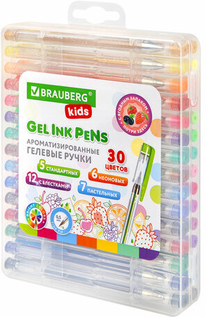 Ручки гелевые АРОМАТИЗИРОВАННЫЕ, НАБОР 30 ЦВЕТОВ, "FRUITS", линия письма 0,5 мм, BRAUBERG KIDS, 143823