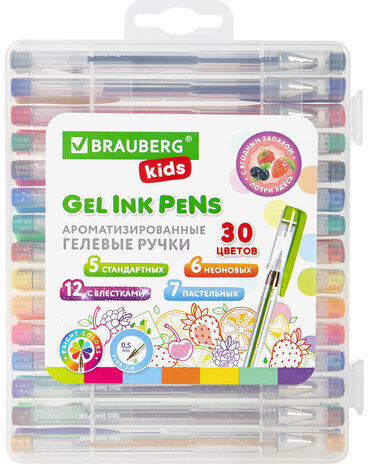 Ручки гелевые АРОМАТИЗИРОВАННЫЕ, НАБОР 30 ЦВЕТОВ, "FRUITS", линия письма 0,5 мм, BRAUBERG KIDS, 143823