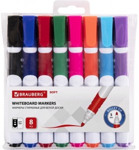 Маркеры стираемые для белой доски НАБОР 8 ЦВЕТОВ, BRAUBERG "SOFT", 5 мм, резиновая вставка, 152112