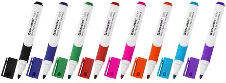 Маркеры стираемые для белой доски НАБОР 8 ЦВЕТОВ, BRAUBERG "SOFT", 5 мм, резиновая вставка, 152112