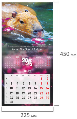 Календарь настенный перекидной на 2025 г., BRAUBERG, 12 листов, 22,5х22,5 см, МИНИ, "Дикие животные", 116179