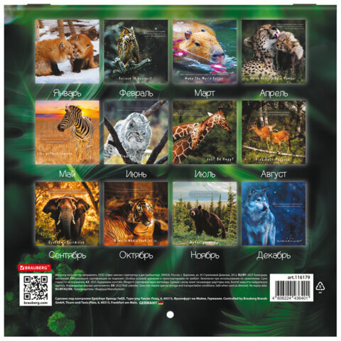Календарь настенный перекидной на 2025 г., BRAUBERG, 12 листов, 22,5х22,5 см, МИНИ, "Дикие животные", 116179
