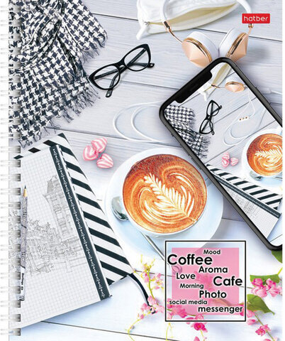 Тетрадь А5, 96 л., HATBER, гребень, клетка, обложка картон, "Время Для Кофе" (4 вида в спайке), 96Т5В1гр