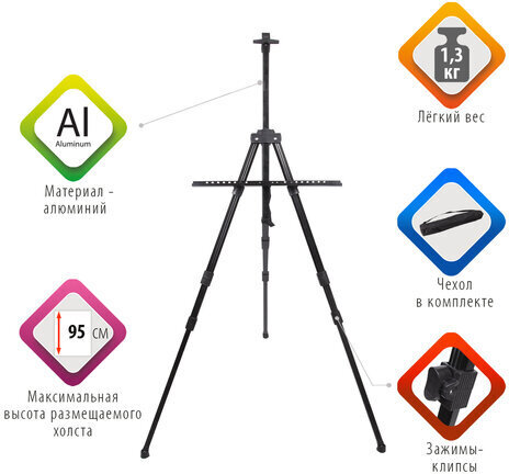 Мольберт алюминиевый BRAUBERG ART CLASSIC, УСИЛЕННЫЙ, тренога, переносной, разлож. 98x180x91, 191281