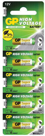 Батарейка GP High Voltage, 27 A, алкалиновая, для сигнализаций, 1 шт., в блистере (отрывной блок), 27AFRA-2C5