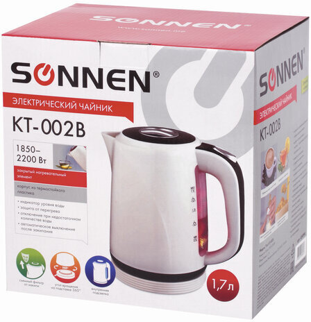 Чайник SONNEN KT-002B, 1,7 л, 2200 Вт, закрытый нагревательный элемент, пластик, белый/черный, 454994