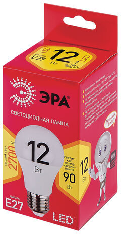 Лампа светодиодная ЭРА, 12(90)Вт, цоколь Е27, груша, теплый белый, 25000 ч, LED A60-12W-3000-E27, Б0050197