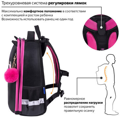 Ранец BRAUBERG SHINY, 2 отделения, с брелоком, "Glad to be cat", 38х28х14 см, 271382