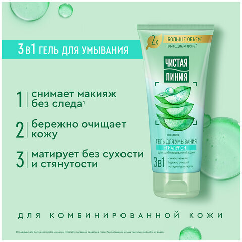 Гель для умывания 200 мл, ЧИСТАЯ ЛИНИЯ 3 в 1 "Гиалурон и сок алоэ", бережное очищение