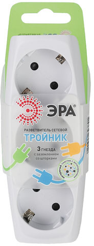 Сетевой тройник ЭРА, 3 розетки, c заземлением, со шторками, белый, SP-3e-W