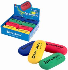 Ластик BRAUBERG, 55х23х10 мм, цвет ассорти, овальный, 222470