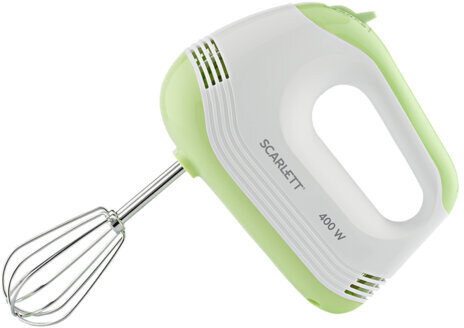 Миксер SCARLETT SC-HM40S15, 400 Вт, 5 скоростей, 2 венчика, 2 крюка для теста, белый/зеленый