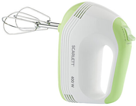 Миксер SCARLETT SC-HM40S15, 400 Вт, 5 скоростей, 2 венчика, 2 крюка для теста, белый/зеленый