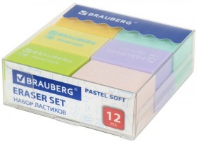 Ластики BRAUBERG "Pastel Soft" НАБОР 12 шт., размер ластика 31х20х10 мм, экологичный ПВХ, 229598