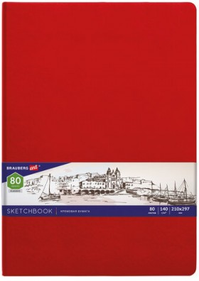Скетчбук, слоновая кость 140 г/м2 210х297 мм, 80 л., КОЖЗАМ, резинка, BRAUBERG ART CLASSIC, красный, 113199