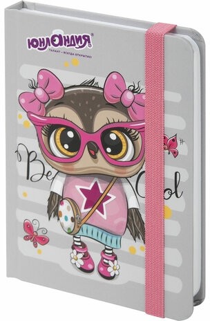 Блокнот с резинкой в клетку 96 л., МАЛЫЙ ФОРМАТ А6 (109х148 мм), твердая обложка, ЮНЛАНДИЯ, "Совушка", 113743