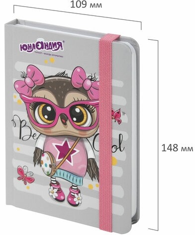 Блокнот с резинкой в клетку 96 л., МАЛЫЙ ФОРМАТ А6 (109х148 мм), твердая обложка, ЮНЛАНДИЯ, "Совушка", 113743