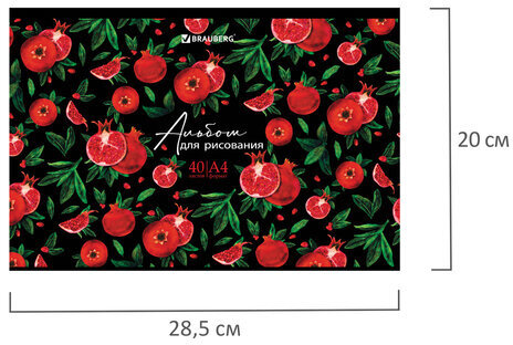 Альбом для рисования, А4, 40 листов, скоба, глянцевый лак, BRAUBERG, 200х285 мм, "Гранаты", 106705