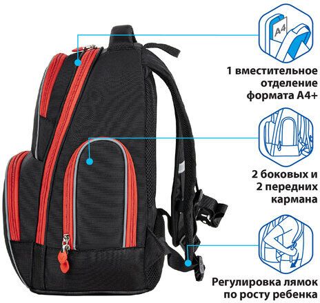 Рюкзак BRAUBERG CLASSIC, легкий каркас, премиум материал, "Motorbike", черный, 37x32х21 см, 270583