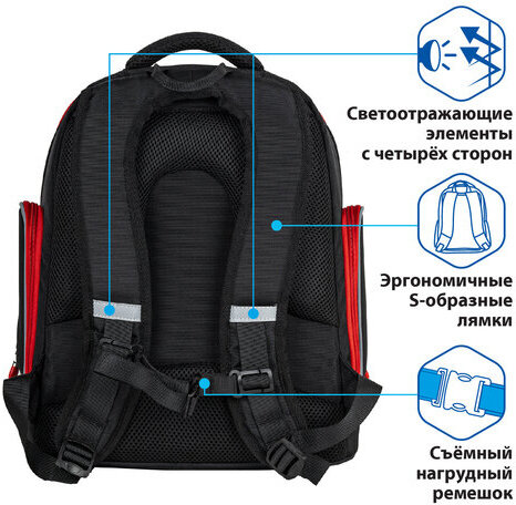 Рюкзак BRAUBERG CLASSIC, легкий каркас, премиум материал, "Motorbike", черный, 37x32х21 см, 270583