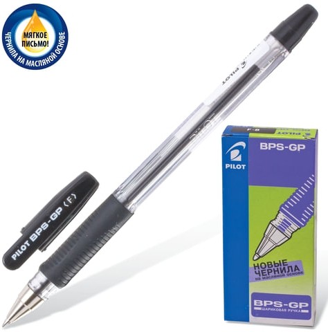 Ручка шариковая масляная с грипом PILOT "BPS-GP", ЧЕРНАЯ, корпус прозрачный, узел 0,7 мм, линия письма 0,32 мм, BPS-GP-F, BРS-GP-F