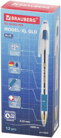 Ручка шариковая масляная с грипом BRAUBERG "Model-XL GLD", СИНЯЯ, узел 0,5 мм, линия письма 0,25 мм, 143245