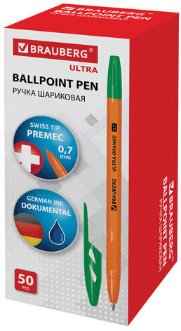 Ручка шариковая BRAUBERG "ULTRA ORANGE", ЗЕЛЕНАЯ, узел 0,7 мм, чернила ГЕРМАНИЯ, наконечник ШВЕЙЦАРИЯ, 143565
