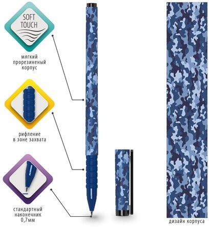 Ручка шариковая BRAUBERG SOFT TOUCH GRIP "MILITARY", СИНЯЯ, мягкое покрытие, узел 0,7 мм, 143713