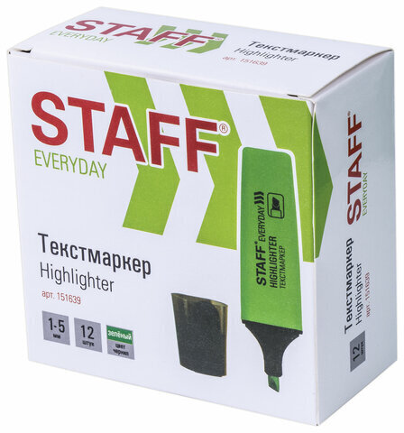 Текстовыделитель STAFF "EVERYDAY HL-638", ЗЕЛЕНЫЙ, линия 1-5 мм, 151639