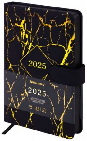 Ежедневник датированный 2025 А5 138x213 мм BRAUBERG &quot;Goldy&quot;, под кожу, цветной срез, черный, 115898