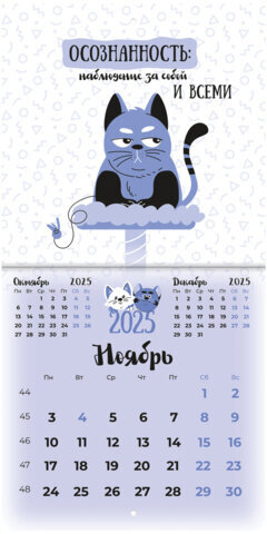 Календарь настенный перекидной на 2025 г., BRAUBERG, 12 листов, 22,5х22,5 см, МИНИ, "Весёлые коты", 116180
