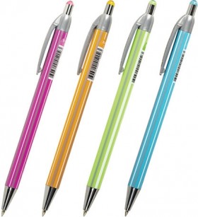 Ручка шариковая автоматическая BRAUBERG "Stripes", СИНЯЯ, корпус ассорти, пишущий узел 0,5 мм, линия письма 0,3 мм, 144219