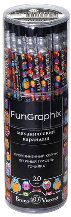 Карандаш механический цанговый 2 мм, BRUNO VISCONTI "FunGraphix", "Сказочные совы", точилка, 21-0041/05