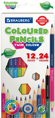 Карандаши цветные мягкие двусторонние BRAUBERG PREMIUM TWIN COLOUR, 12 штук, 24 цвета, 181874