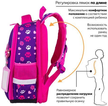 Ранец BRAUBERG FIT, 2 отделения, "Playing kitty", 3D-панель, 38х27х14 см, 270615