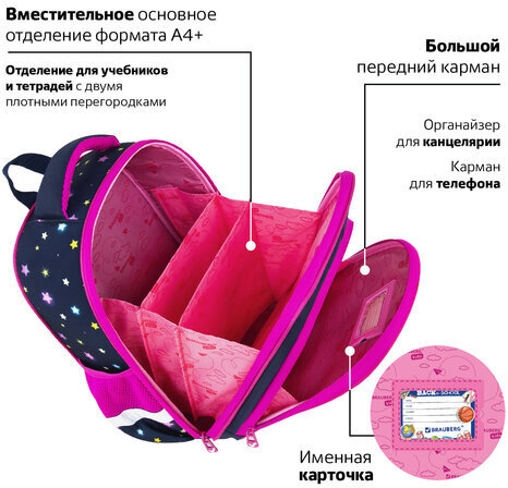 Ранец BRAUBERG KIDS STANDARD, 2 отделения, "Moon girl", 36х28х14 см, 271387