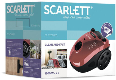 Пылесос SCARLETT SC-VC80B63 с пылесборником, 1600 Вт, мощность всасывания 360 Вт, красный