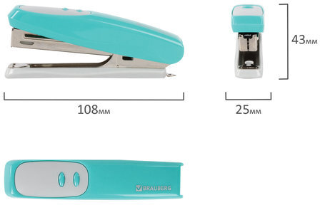 Степлер №10 BRAUBERG "Germanium", до 12 листов, с антистеплером, бирюзовый, ГАРАНТИЯ 5 ЛЕТ, 226565