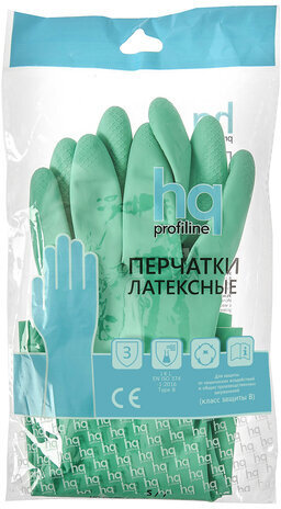 Перчатки латексные КЩС, прочные, хлопковое напыление, размер 8,5-9 L, большой, зеленые, HQ Profiline, 73586