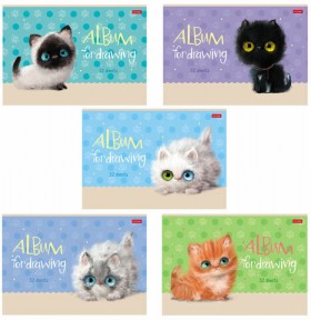 Альбом для рисования, А4, 32 л., скоба, обложка картон, ламинация, HATBER, 205х290 мм, &quot;Кошарики&quot; (5 видов), 32А4лВ