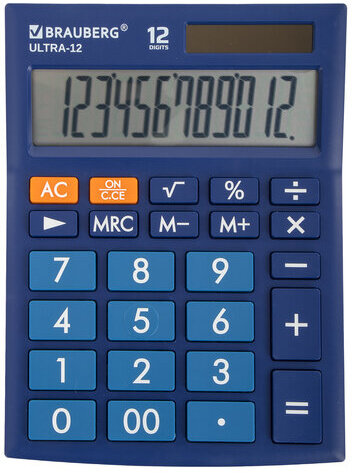 Калькулятор настольный BRAUBERG ULTRA-12-BU (192x143 мм), 12 разрядов, двойное питание, СИНИЙ, 250492
