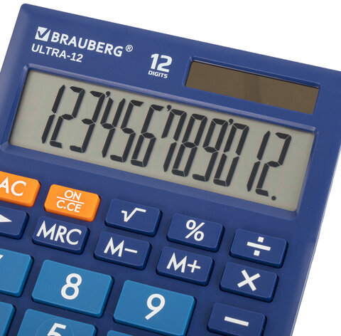 Калькулятор настольный BRAUBERG ULTRA-12-BU (192x143 мм), 12 разрядов, двойное питание, СИНИЙ, 250492