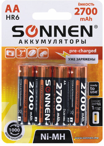 Батарейки аккумуляторные Ni-Mh пальчиковые КОМПЛЕКТ 4 шт., АА (HR6) 2700 mAh, SONNEN, 455607
