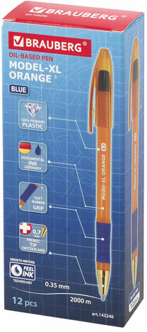 Ручка шариковая масляная с грипом BRAUBERG Model-XL ORANGE, СИНЯЯ, узел 0,7 мм, линия 0,35 мм, 143246