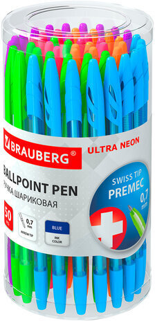 Ручка шариковая BRAUBERG "ULTRA NEON", СИНЯЯ, узел 0,7 мм, чернила ГЕРМАНИЯ, наконечник ШВЕЙЦАРИЯ, 143566